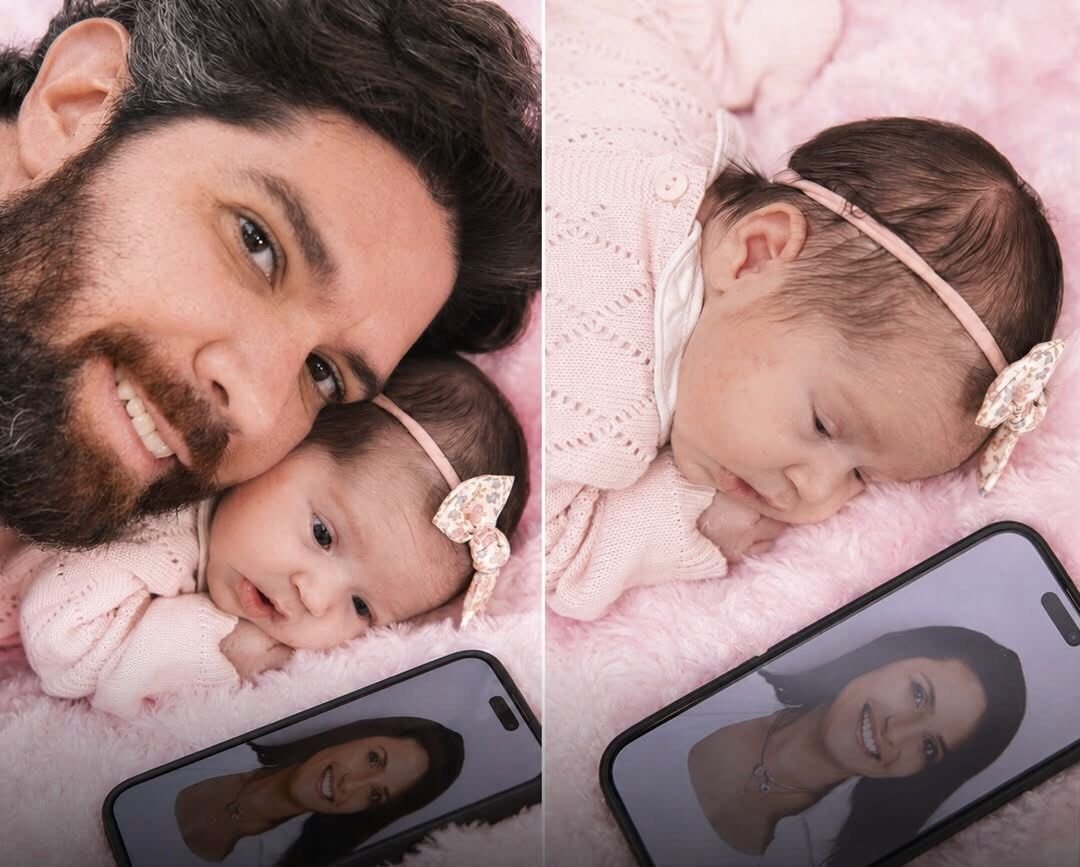 HOMEM EMOCIONA AS REDES SOCIAIS AO FAZER SESSÃO DO DIA DAS MÃES COM A FILHA E FOTO DA ESPOSA FALECIDA
